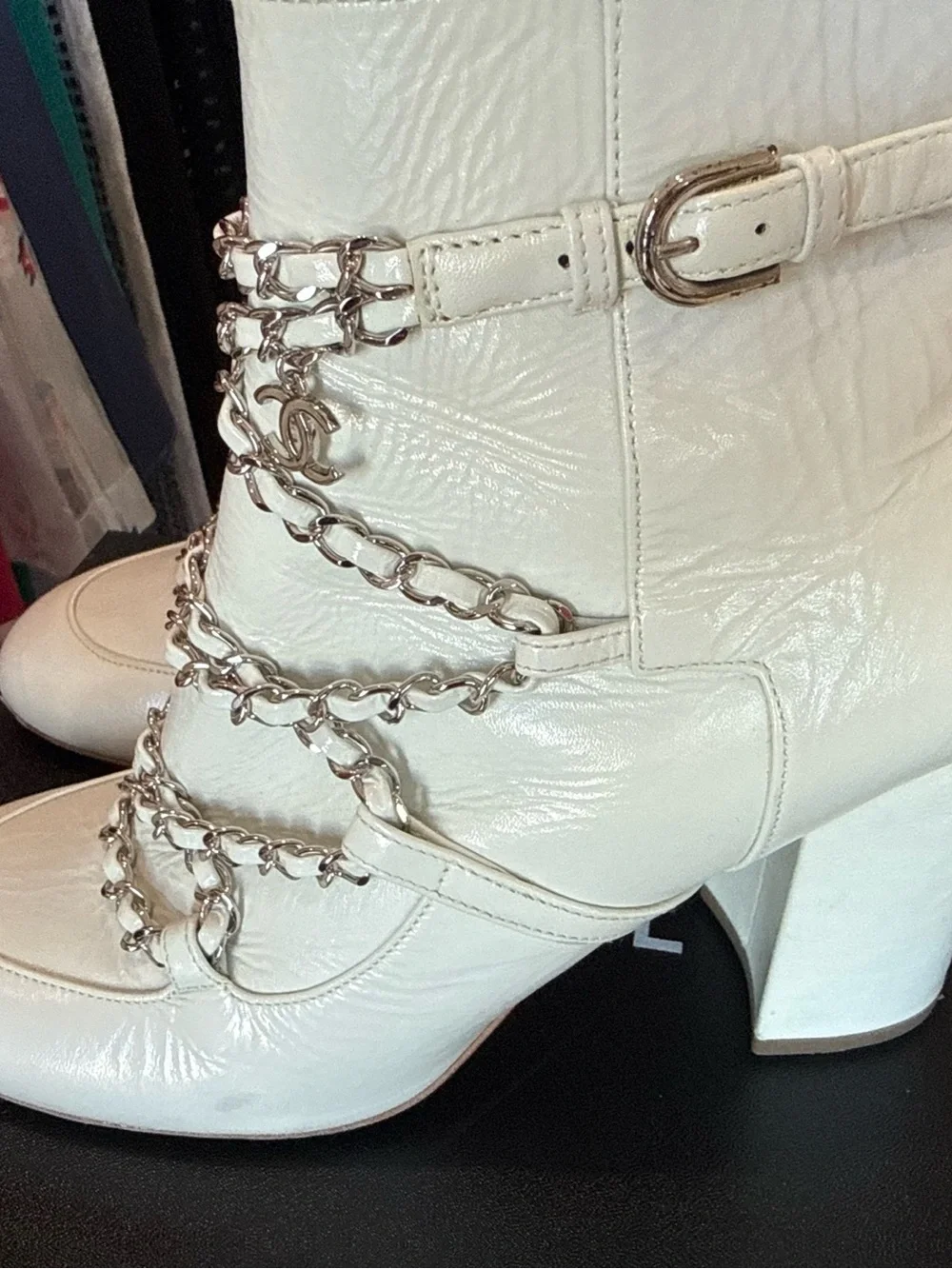 CHANEL White Leather Chain-Wrapped Ankle Boots